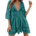 thumbnail image 3 of Sundresses for Women 2025 Free Size Deep V-Neck 3/4 Short Sleeve Summer A-Line Vacation Mini Dresses for Women Beach Fashion Green, 3 of 9