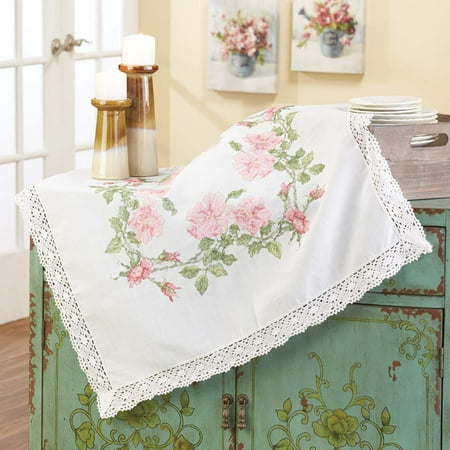 - Herrschners® Wild Roses Lace Trimmed Table Topper Stamped Cross-Stitch Kit