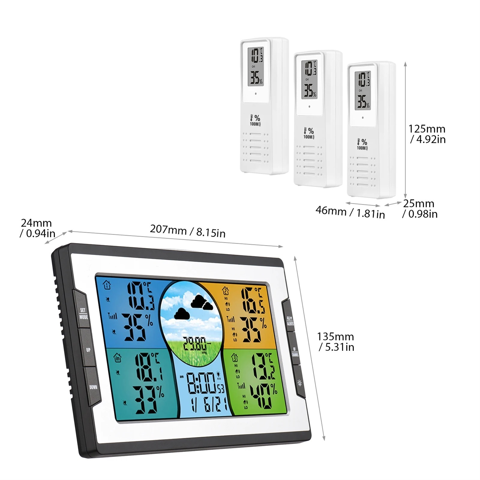 Digital Weather Station with 3 Remote Sensors 328ft/ 100m Temperature Humidity Alarm Clock with Weather Function for Warehouse ,High Precision