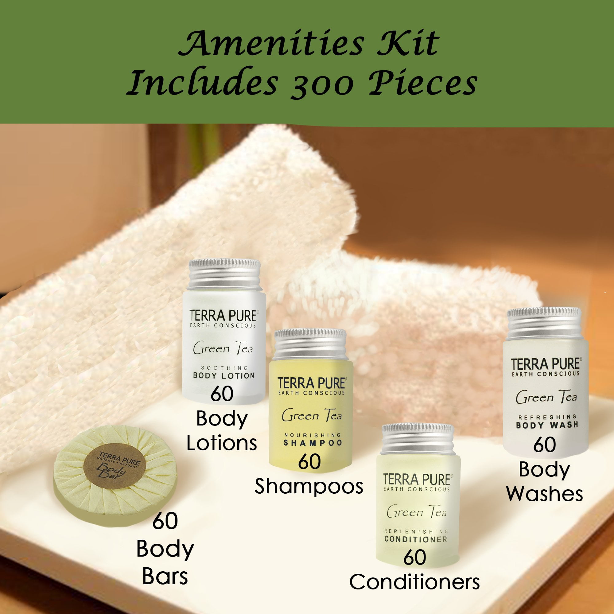 Terra Pure Hotel Soaps and Toiletries Bulk Set | 1-Shoppe All-In-Kit Amenities for Hotels | 1oz Hotel Shampoo & Conditioner, Body Wash, Body Lotion & 1.25oz Bar Soap Travel Size | 300 Pieces