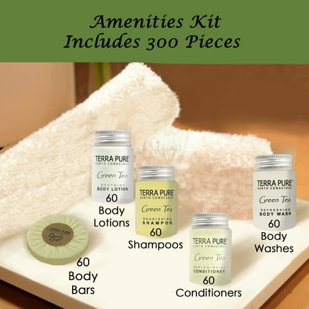Terra Pure Hotel Soaps and Toiletries Bulk Set | 1-Shoppe All-In-Kit Amenities for Hotels | 1oz Hotel Shampoo & Conditioner, Body Wash, Body Lotion & 1.25oz Bar Soap Travel Size | Pieces
