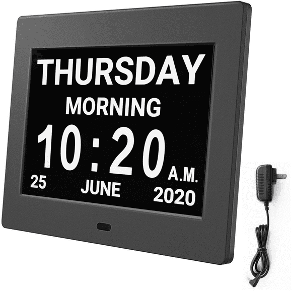Digital Calendar Alarm Day Clock with 8" Large Screen Display, Am Pm, 5 Alarm, Dementia Clocks LED Electronic Desk Calendar Elderly Alarm Clock Perpetual Calendar