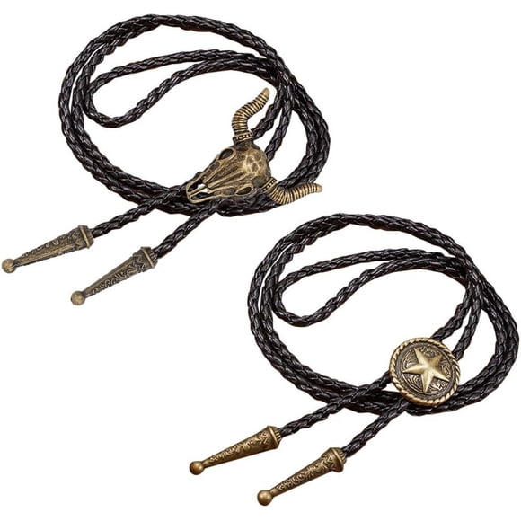 2PCS 2 Styles Western Cowboy Bolo Tie Retro Bronze Cowhead Round Star Pendant Bola Ties Vintage Black PU Leather Adjustable Necktie Necklace for Men Women Rodeo Jewelry Costume Accessories