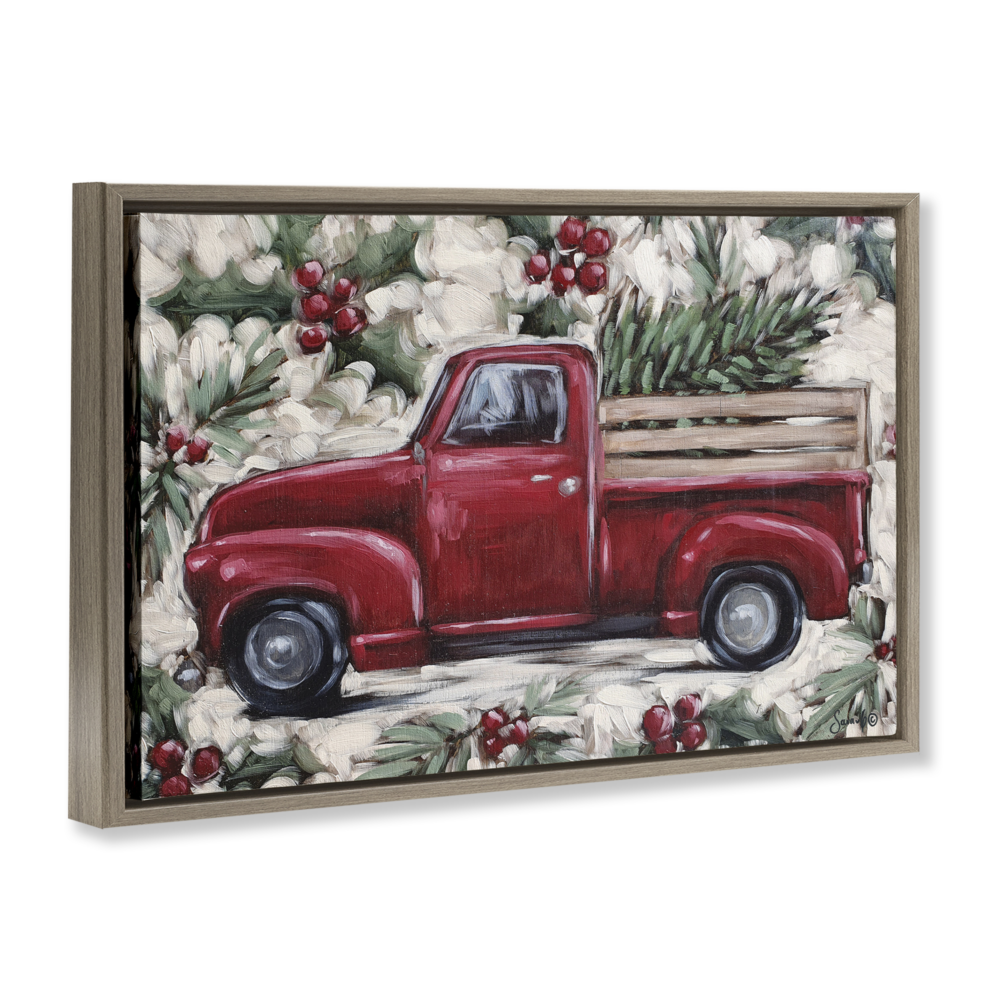 Stupell Industries Pickup & Festive Holly Holiday Painting Brown Floater Framed Art Print Wall Art, 31 x 21