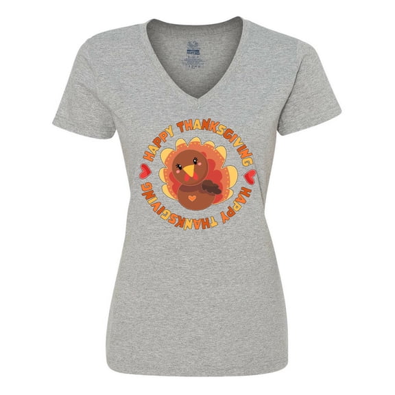 Inktastic Happy Thanksgiving with Cute Turkey Women's V-Neck T-Shirt