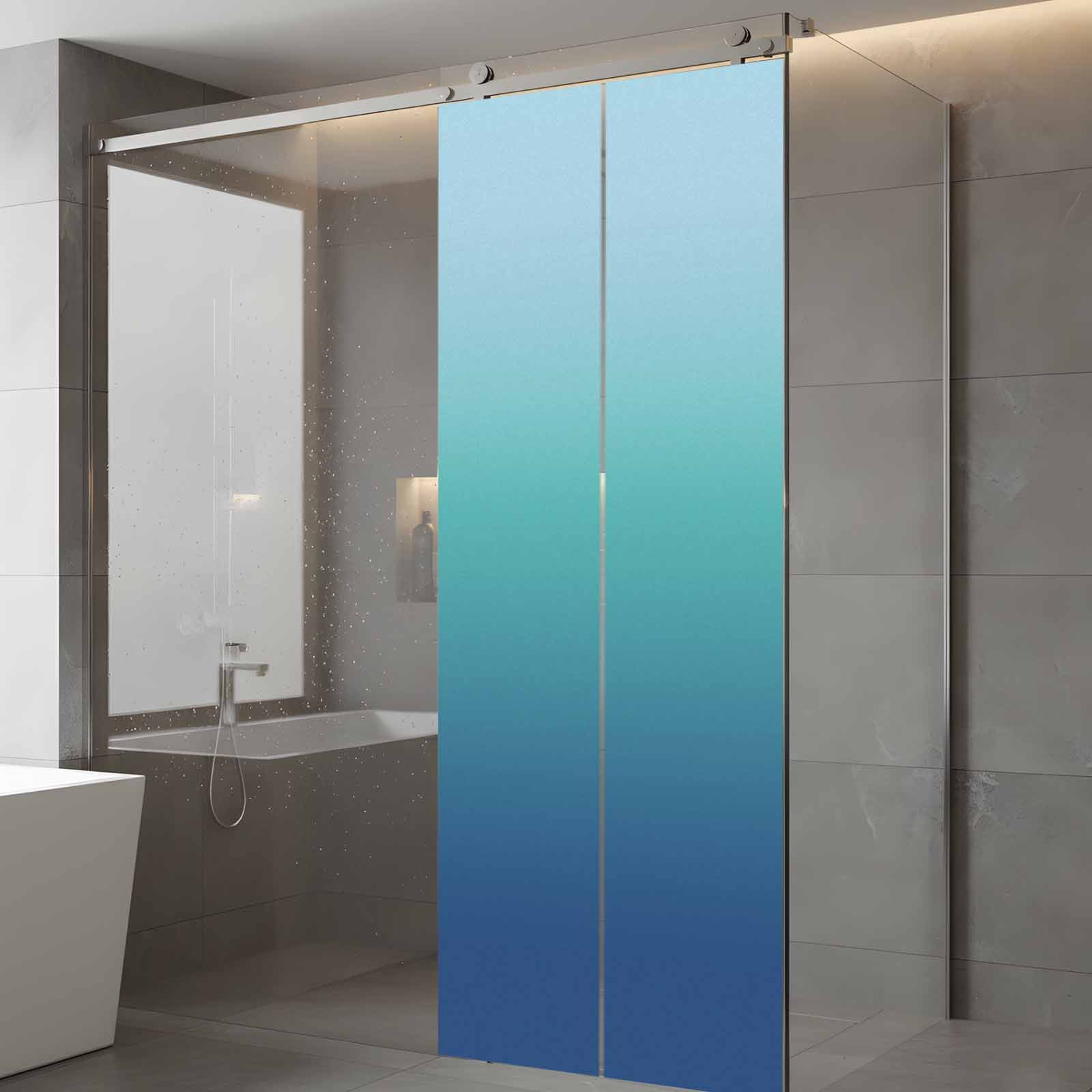 Blue Cyan Window Privacy Film, Gradient Abstract Ombre Art Frosted Glass Window Clings Static Cling UV Heat Blocking Reusable Door Sticker for Bathroom 23.6 x 59 Inch