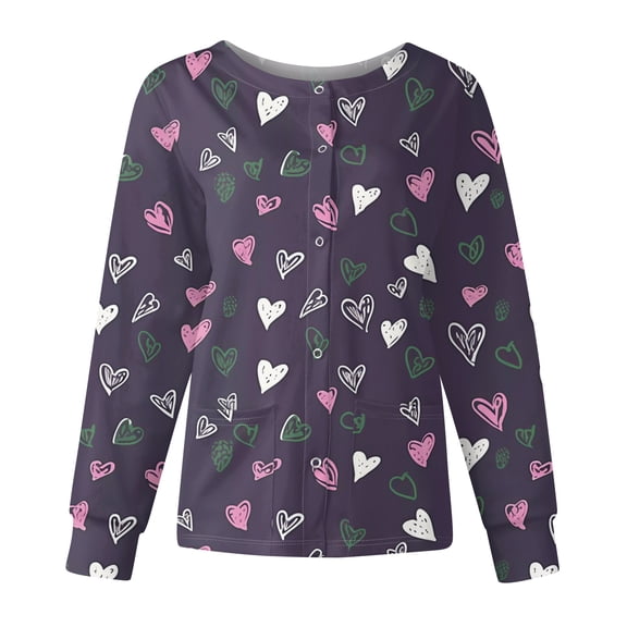 Women Valentines Scrub Jackets Plus Size Casual Long Sleeve Cute Love Heart Printed Scrub Tops Loose Button Snap Front Scrubs Nursing Uniform Medical Nurse Workwear with Pockets Purple M
