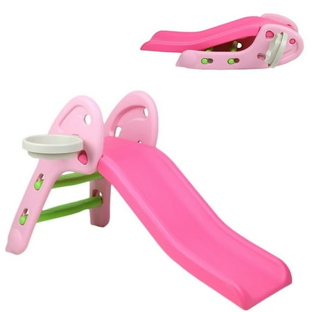 Volity Kids Slide, 3 in 1 Toddler Playground Slipping Slide Climber with Basketball Hoop, Children Toy Playset for Indoor Outdoor Use(Pink)