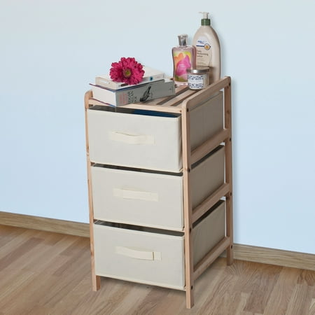 Wood Box Shelf Organization Drawers with Natural Wood Shelf and Three Fabric Storage Bins- Lightweight and Perfect for Dorms, Bathrooms or Bedrooms by Lavish Home ()