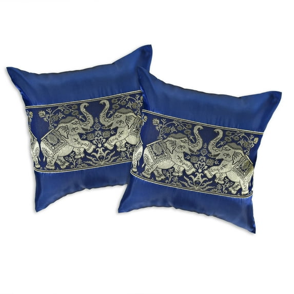 Blue Playful Elephant Pair Silk Throw Pillow Cushion Cover Set