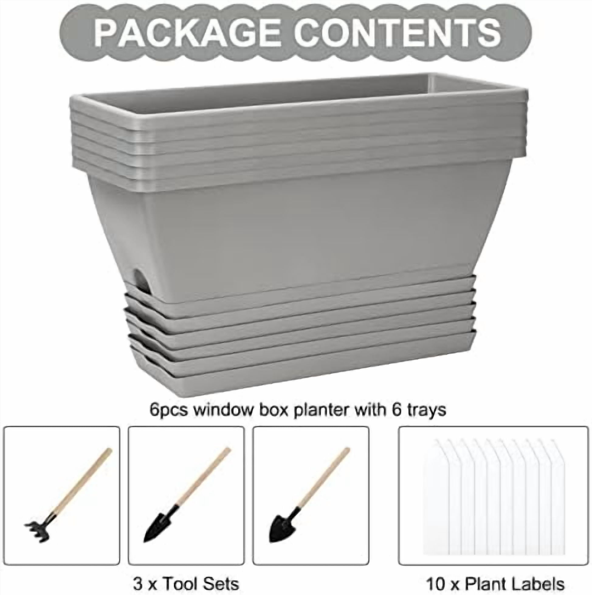 Window Box Planter, 6 Packs 17 Inches Rectangle Planters Box with Drainage Holes and Trays, Vegetable Planters for Windowsill Patio Garden Home Decor Porch Yard Light Gray