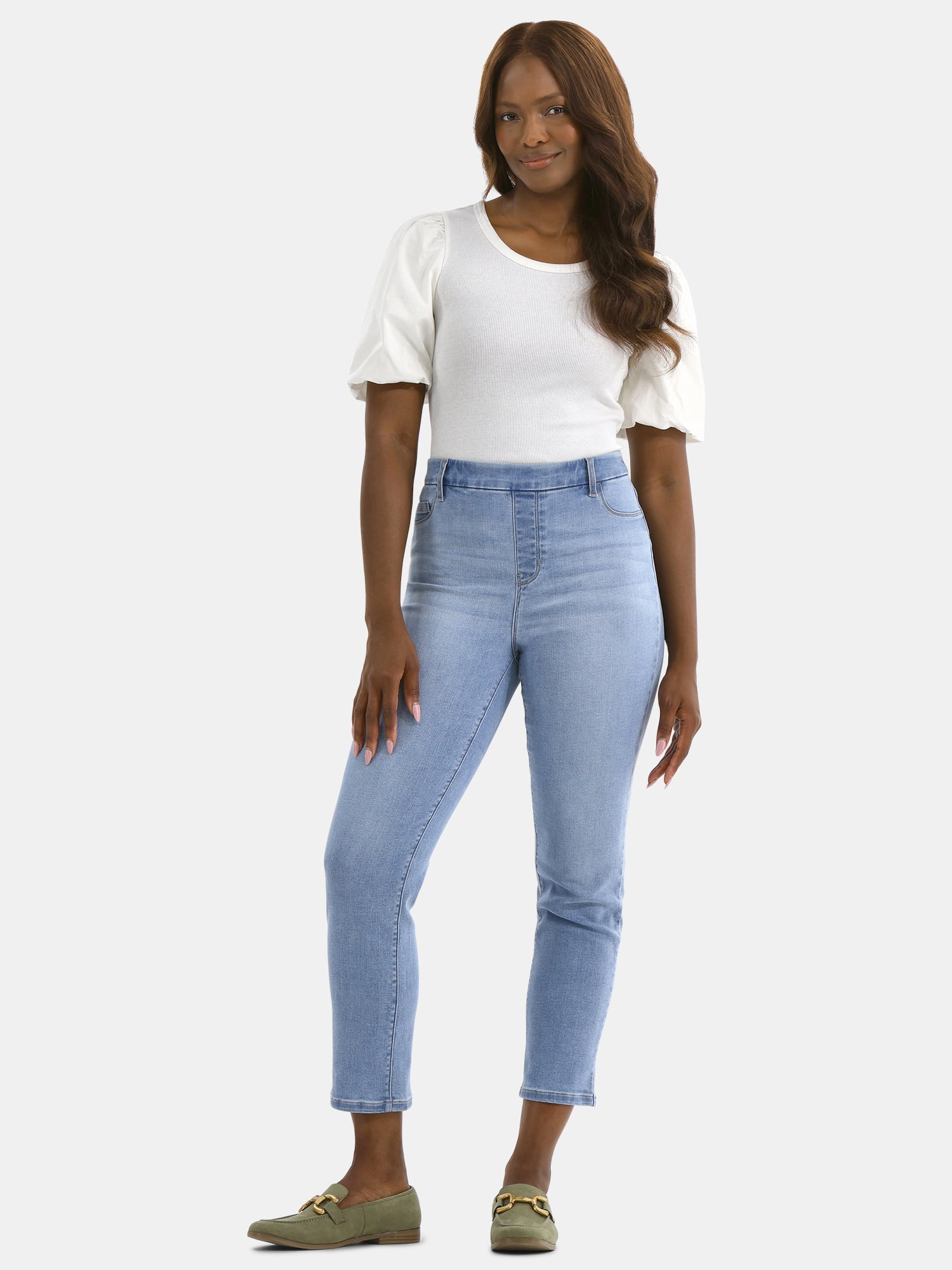Time and Tru Women's Mixed Media Top with Puff Sleeves, Sizes XS-XXXL
