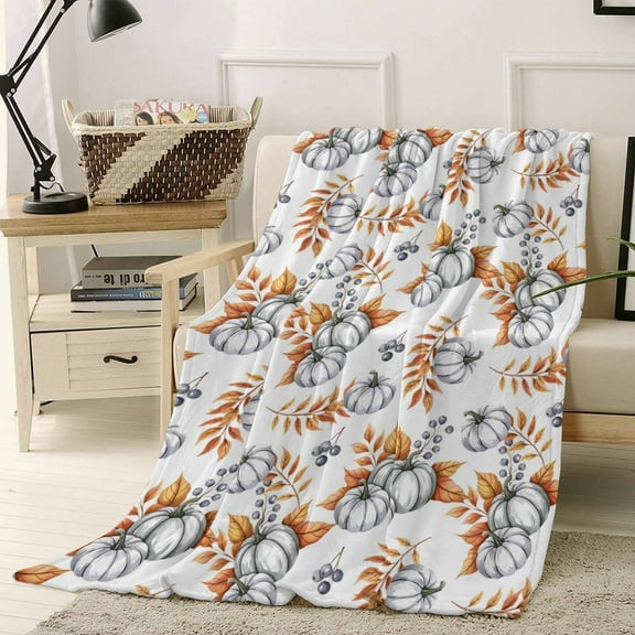 Fall Pumpkin Throw Flannel Blanket 40x50In Brown Leaf Farmhouse Harvest Watercolor Super Soft Cozy Bed Blanket, Lightweight Plush Fuzzy Bed Throw for Bedroom Sofa Couch Living Room