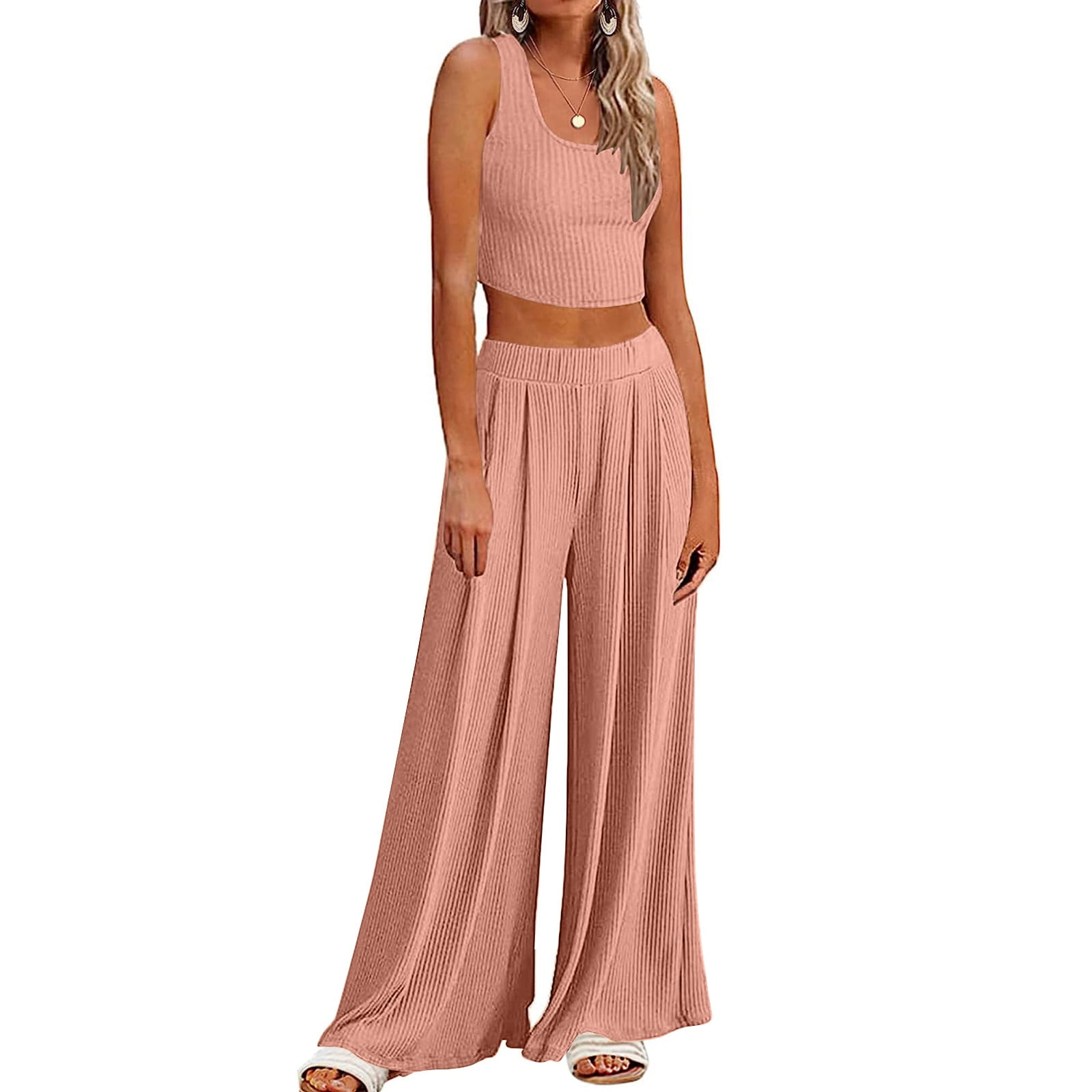 New Plus Size 2-Piece (Knotted Top & Palazzo Pants) Set in Pink