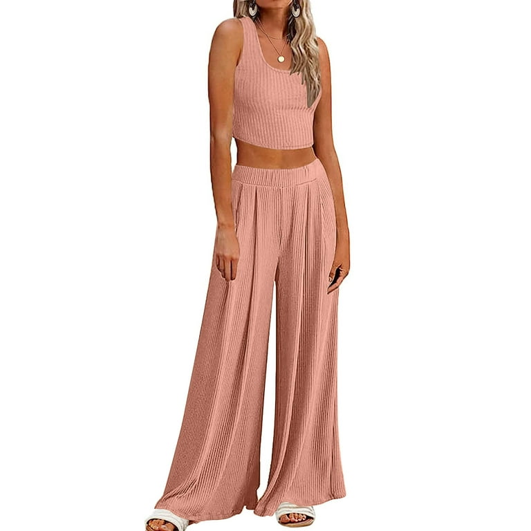 Outfit for Women Sumemr Comfy 2 Piece Set Solid Knitted Sleeveless Crop  Tops Elastic Waist Wide Leg Casual Palazzo Pants Homewear Suit(XL,Pink)
