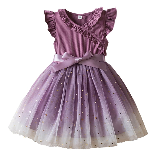 BOBOGOJP Robe de Pâques pour Petite Fille Robe en Tulle pour Tout-Petite d'Été à Volants Sans Manches Robe Décontractée de Mode pour Bébé Fille (Violet, 3-4 Ans)