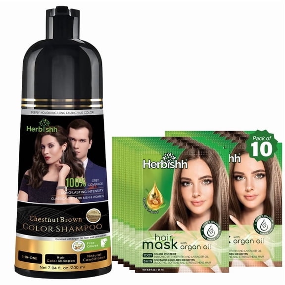Herbishh Chestnut Brown Shampoo, Hair Dye Shampoo 3 in 1, 100% Grey Coverage, Demi-Permanent Hair Color for Men & Women, With Hair Mask Cream Combo