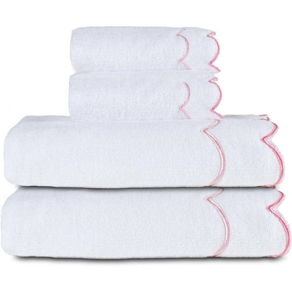 4 Set   Cotton Bath Towels Set 2 Bath Towels 2 Hand Towels Embroidered Decorative Scalloped Towels Soft Cute Towel for Bathroom (Pink)