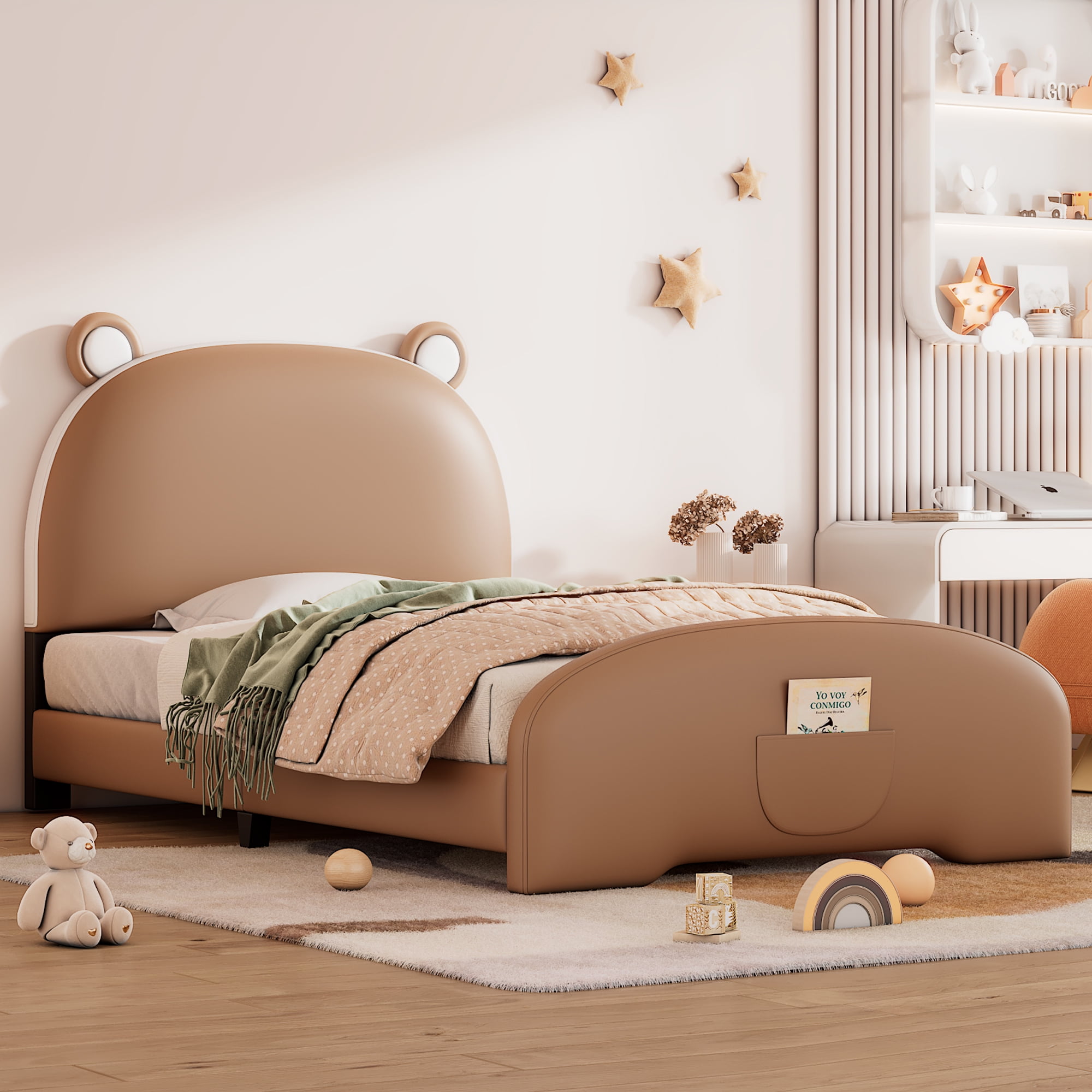 Aukfa Cartoon Animal Kids Twin PU Leather Standard Beds, Brown