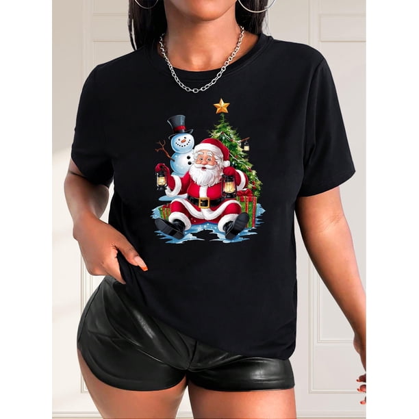 Women'S Christmas Santa & Snowman Print T-Shirt, Casual Round Neck Short Sleeve Tee, Polyester Stretch Knit Fabric, Festive Holiday Top for Spring/Summer/Autumn