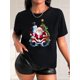 thumbnail image 1 of Women'S Christmas Santa & Snowman Print T-Shirt, Casual Round Neck Short Sleeve Tee, Polyester Stretch Knit Fabric, Festive Holiday Top for Spring/Summer/Autumn, 1 of 6