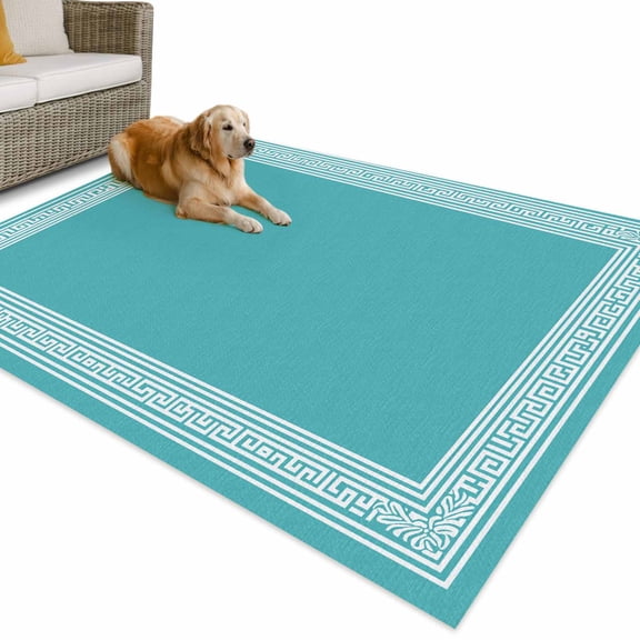 Outdoor Rug 3x5 ft Turquoise White Greek Key Pattern Waterproof Outdoor Patio Rug Mat Non Slip Outside Area Rugs Carpet for RV,Camping,Porch,Deck,Pool,Balconybackyard,Geometric Modern