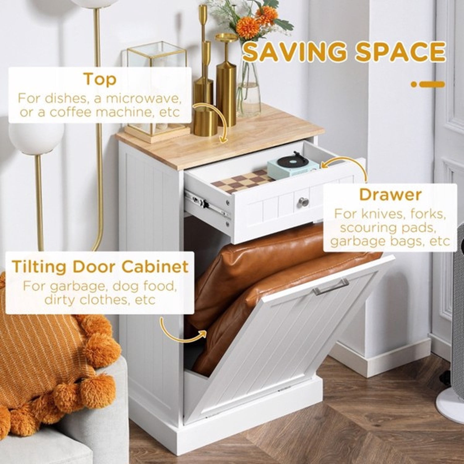 Tilt Out Trash Bin Cabinet with Drawer, Freestanding Recycling Can Holder, MDF and Wood, 20 in Wide, 35.5 in High, for Kitchen, Hallway, Laundry Room