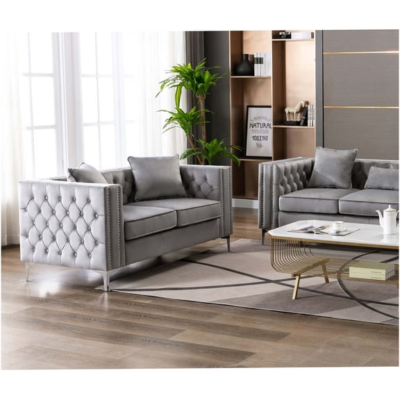Luxury Gray Velvet Loveseat with Chrome Legs and Tufted Back