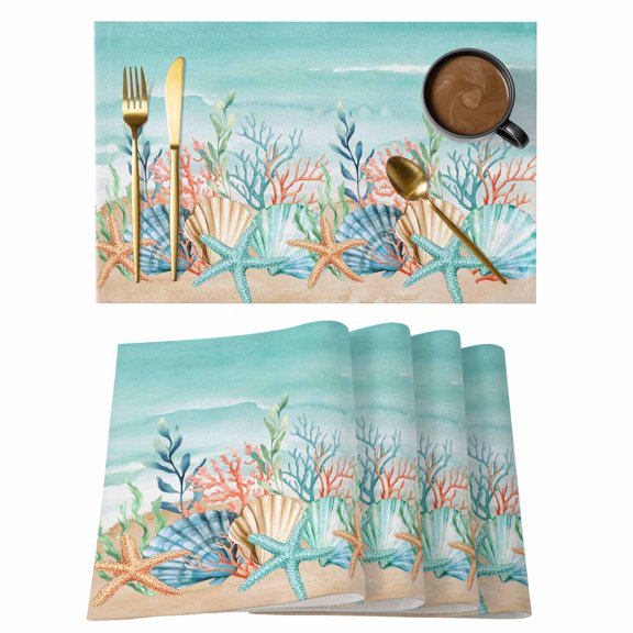 Shell Starfish Placemats Set of 6 Ocean Coral Marine Life Teal Place Mats Table Mats Kitchen Dining Home Outdoor Party Table Decoration