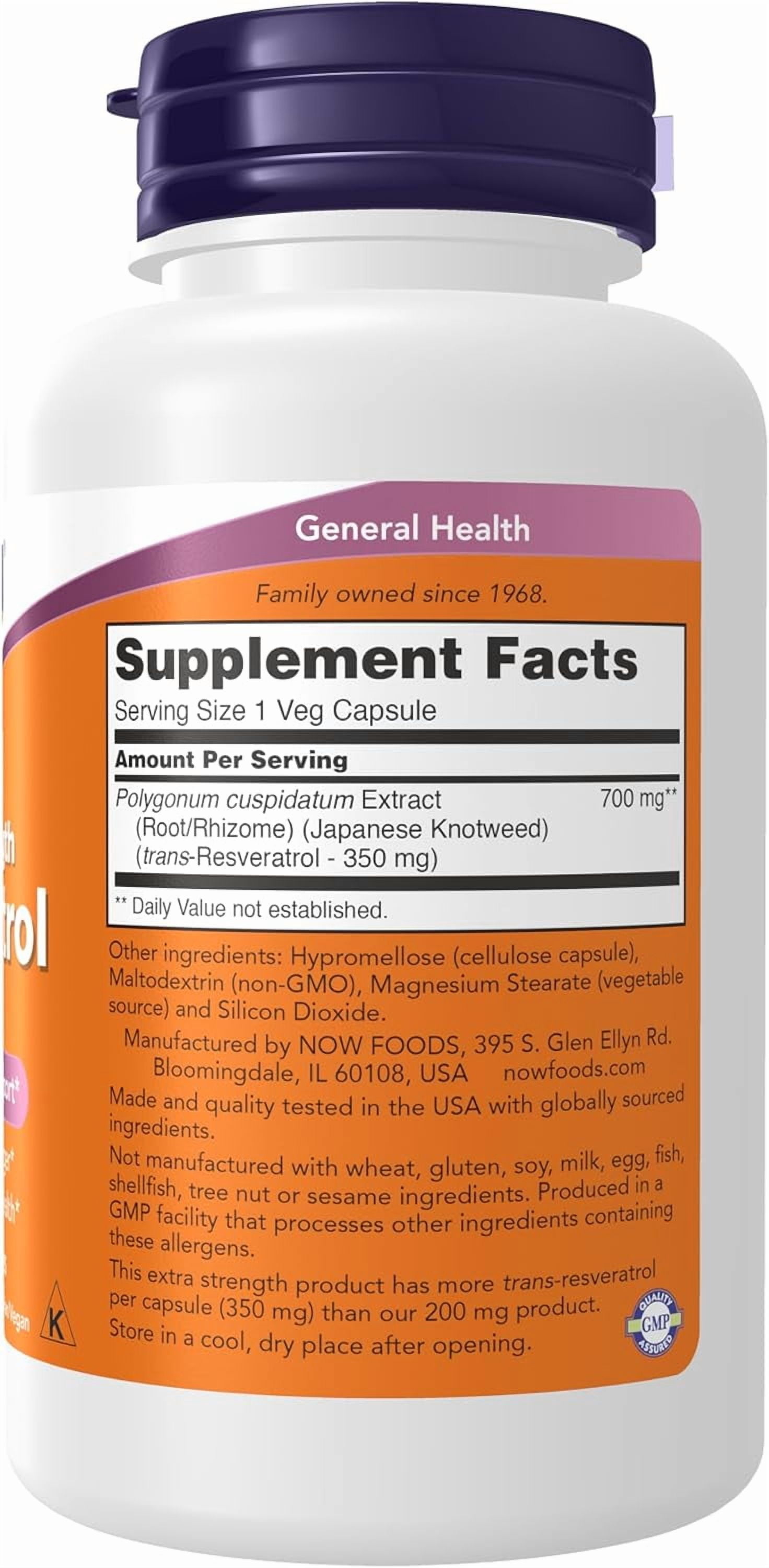 NOW Supplements, Extra Strength Resveratrol 350mg, Natural Trans Resveratrol from 700 mg Japanese Knotweed Extract, 60 Veg Capsule