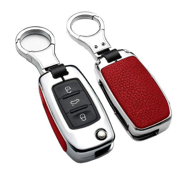 Fit for Volkswagen Key Fob Cover Key Case Remote Cover Metal Leather Key Shell with Keychain Compatible with VW Tiguan Jetta Mk6 Golf Polo Passat Flip Key