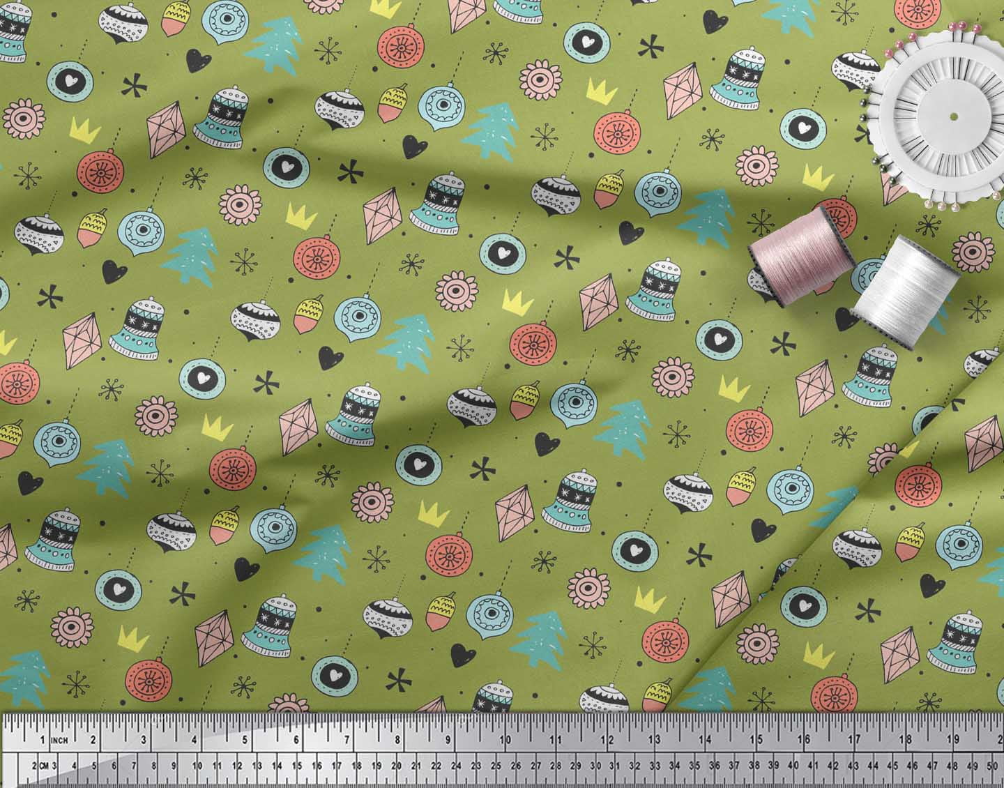 Soimoi Green Rayon Fabric Tree & Ornament Christmas Print Fabric by the Yard 42 Inch Wide