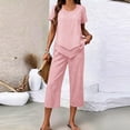 thumbnail image 2 of Hurxie Capri Sets Women 2 Piece Outfits Summer Top and Wide Leg Striped Pants with Pockets for Vacation Travel Clothes Pink,S, 2 of 6