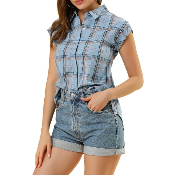 Unique Bargains Women's Summer Plaid Short Sleeves Button Down Tops XS Blue