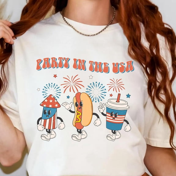 Retro Party In The Usa Hot Dog Shirt, 4Th Of July Graphic Shirt, Funny Hot Dog Shirt, Independence Day T Shirt, American Flag Shirt S-5XL Birthday Gifts; For Men & Women