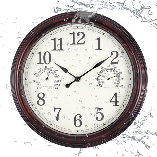 Vigorwise 12 inch Outdoor Wall Clock, Plastic Waterproof Wall Clock with Temperature & Humidity, Water Resistant Wall Clock, Silen