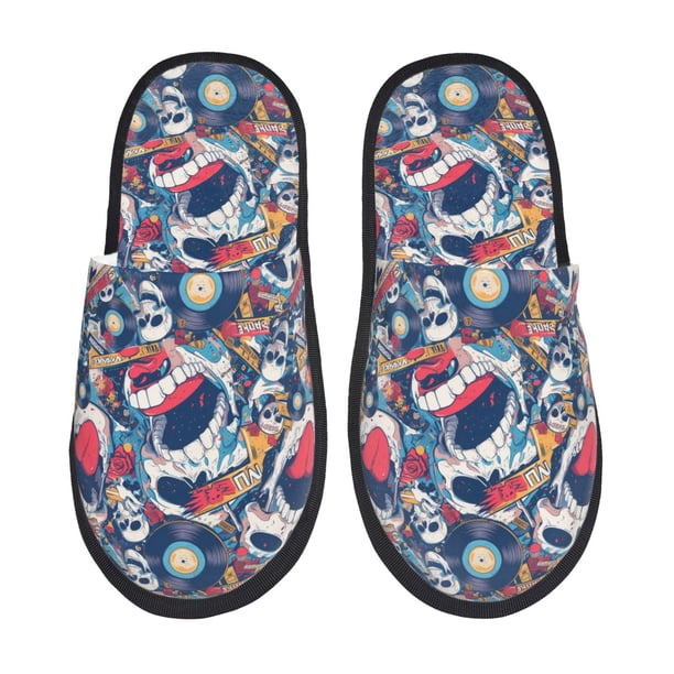Balery cool rock Skull Pantuflas de Casa de Felpa Silenciosas con Diseño Estampado, Zapatillas Cómodas Antideslizantes de Algodón para Interior-Large