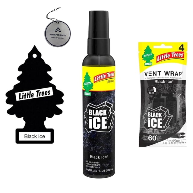 Ambientador para auto AHSR Black Ice: paquete con spray y clips para rejilla