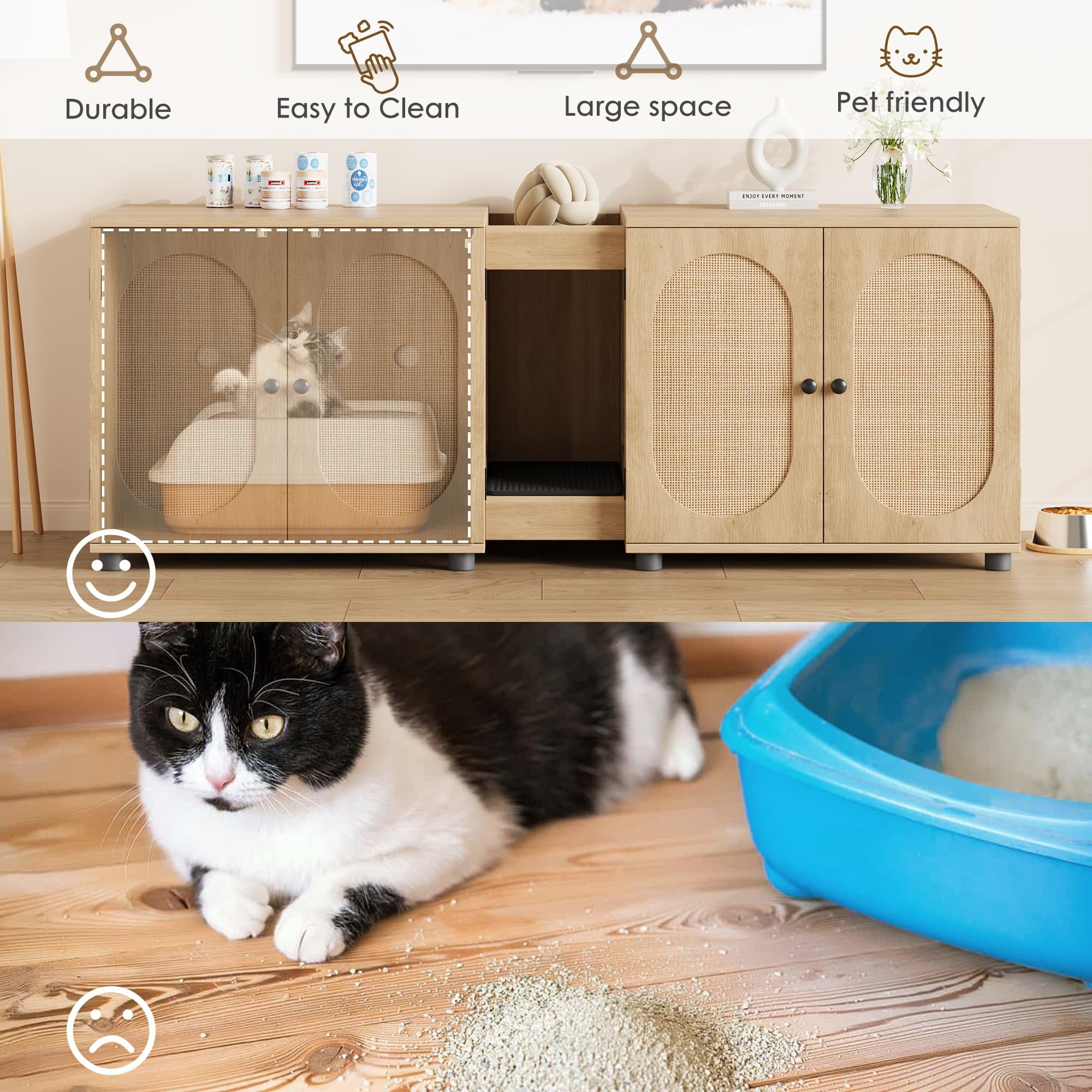 TROPOW Cat Litter Box Enclosure 55.1" Double Litter Box Furniture Large Cat Box Enclosure Kitty Litter Box for 2 Cats Hidden Cat Litter Cabinet Double Cage with Cat Litter pad Rattan Door,Wood Color
