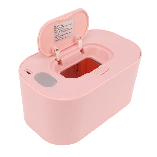 USB Powered Wipe Warmer with constant temperature, large capacity, and display, ideal for baby wipe warming and gentle care for infants. The pink ABS unit features a top heating plate for even warming, a water retention system to keep wipes moist, and compatibility with most wet wipes. Compact size of 7.9x4.7x3.9 inches.