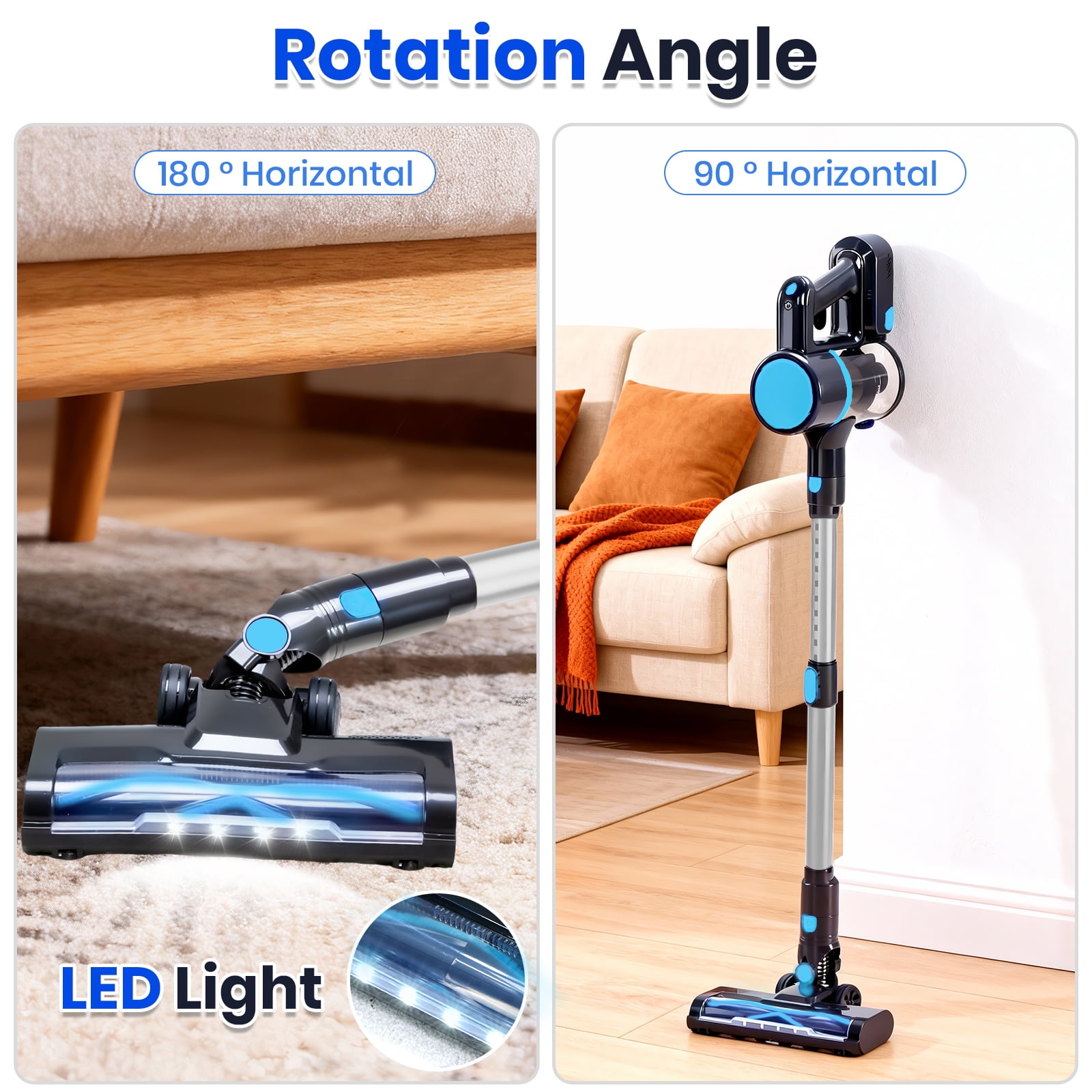 LIFERECORD Cordless Vacuum Cleaner, 180°Flexible Stick Vacuum for Pet Hair with Anti-Tangle Brush, 3 Suction Modes, LED Light for Hardwood Floors, Carpet, Furniture
