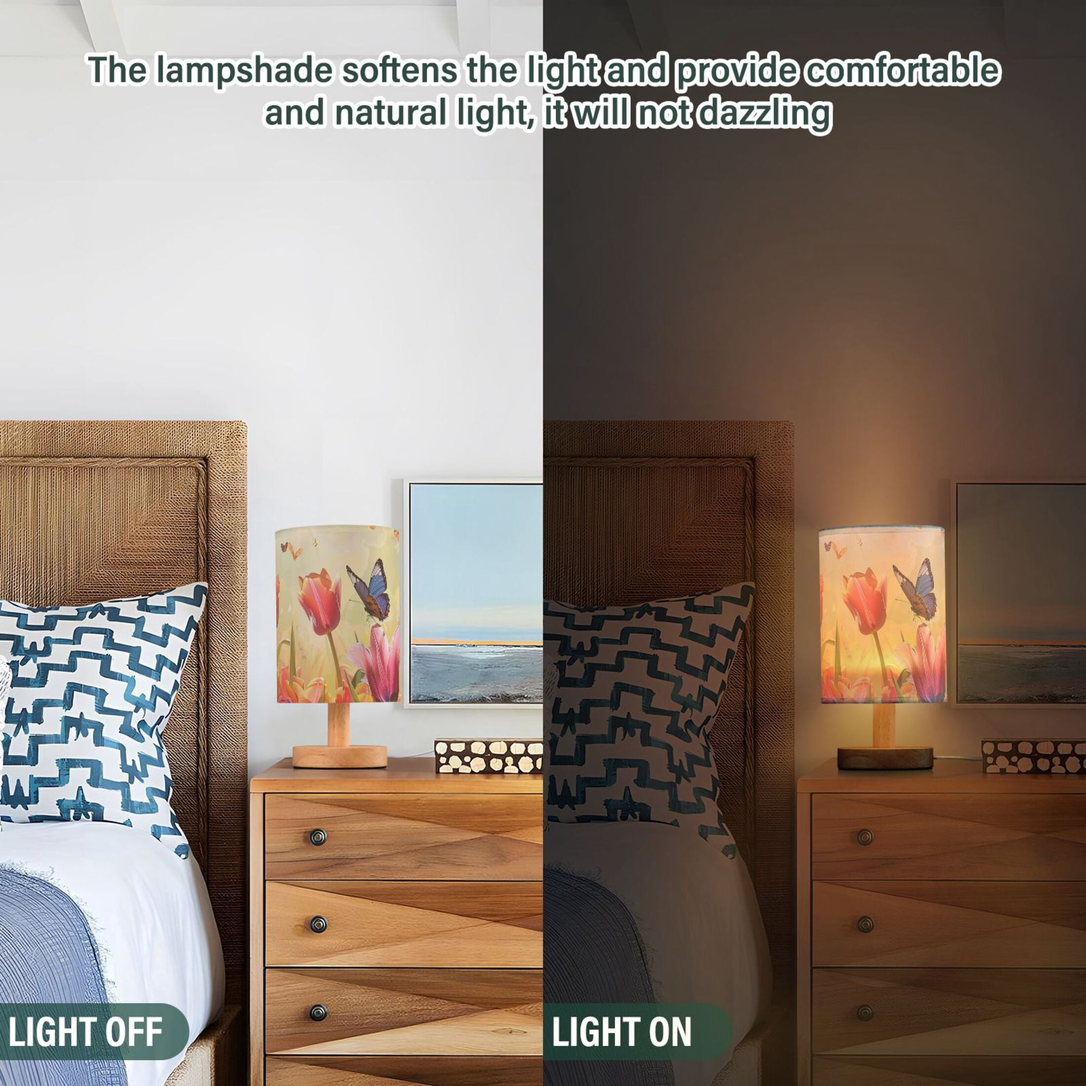 Tulips Butterflies Sun Oil Painting Table Lamp with USB Port LED Warm Light Lamp Night Light Home Decor