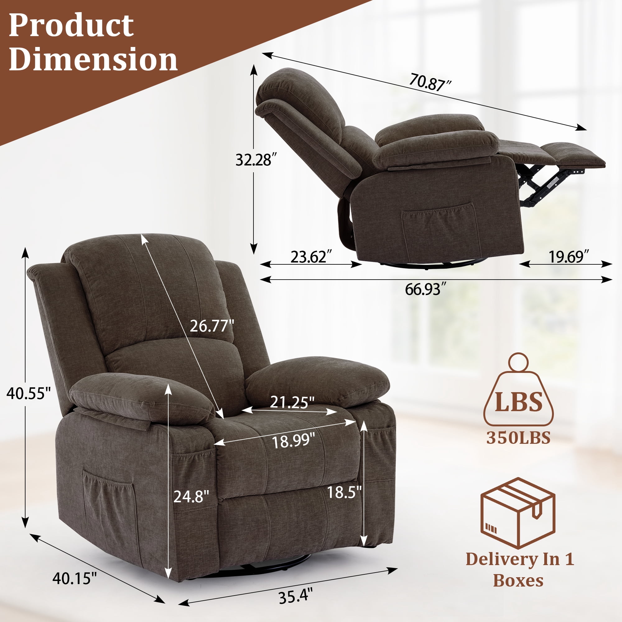 GEEYOO Swivel Rocker Recliner Chair with Massage and Heat Glider Recliner for Adults with Side Pockets Chenille for Living Room,Brown