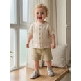 thumbnail image 6 of BemeyourBBs Toddler Baby Boy Summer Clothes Infant baby Boys Cotton Linen Outfits Short Sleeve Solid Color Button Down Shirt Tops and Elastic Waist Pockets Shorts 2Pcs Set, 6 of 9