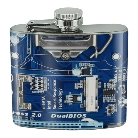 Blue Computer Motherboard Processor CPU Stainless Steel 5oz Hip Drink Kidney Flask