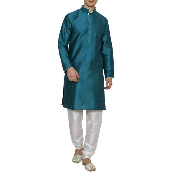 Royal Kurta Men's Dupion Silk Contrast Piping Kurta Churidar Turquoise