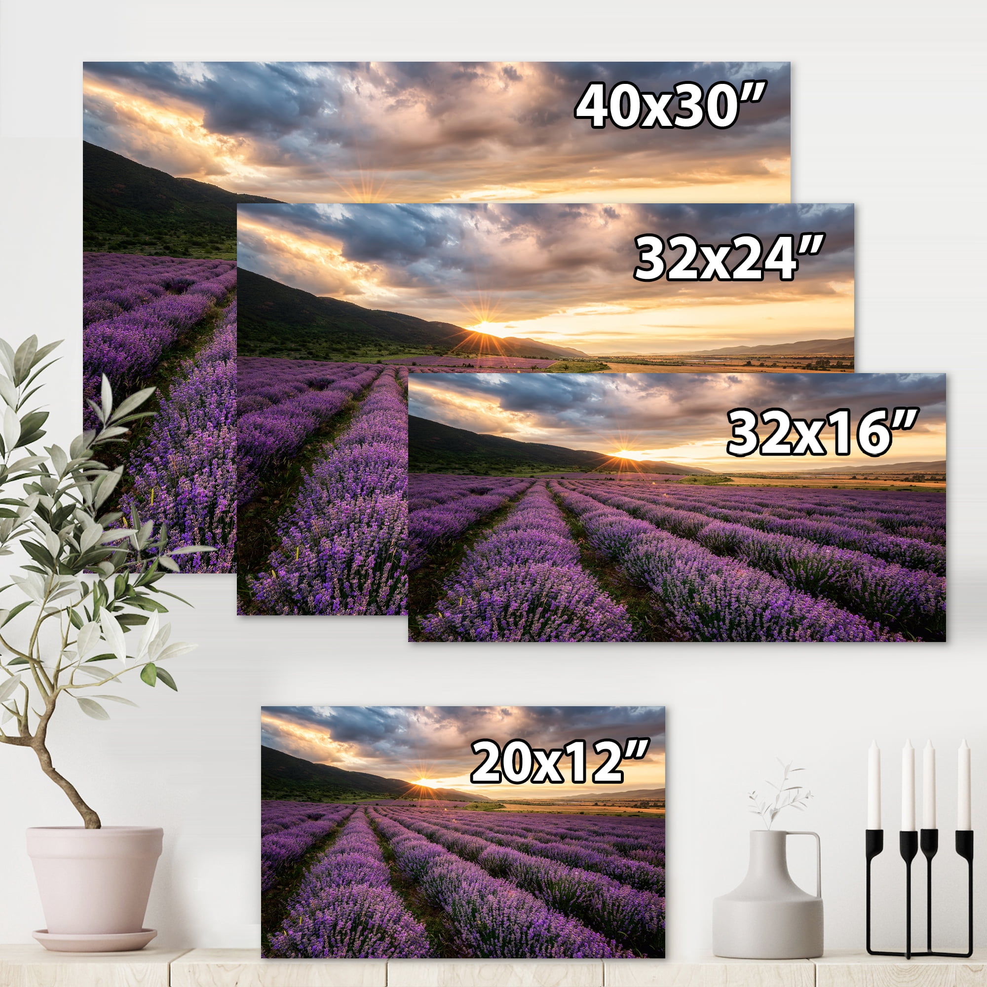 Designart ' Dramatic Clouds and Sunrise Over Lavender Field VI ' Farmhouse Canvas Wall Art Print