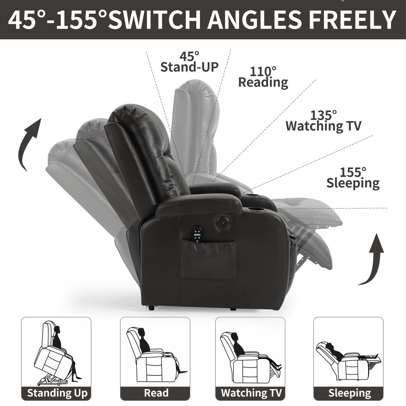 MAYEERTY Blue Chenille Power Lift Recliner, 350lbs Massage Heat USB-C Cup Holders 35"x29"x43"