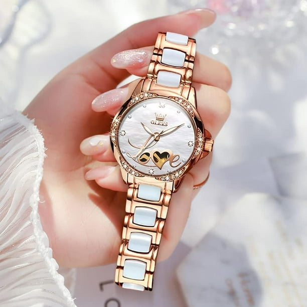 Women s Rose Gold Automatic Watches Skeleton Mechanical Self Winding Ladies Elegant Luxury Dress Butterfly Diamond White Ceramic Band Watch Gift