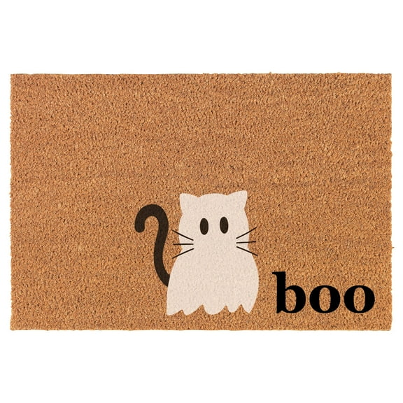 Welcome Doormat Coco Coir Door Mat Gift Cat Ghost Boo Corner White Halloween (24" x 16")